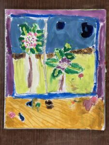 額アジサイを東儀画塾の子供アトリエ教室で水彩で描いた絵