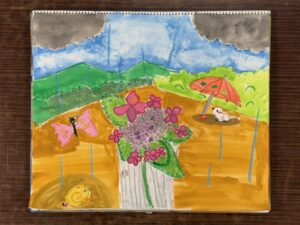 額アジサイを東儀画塾の子供アトリエ教室で水彩で描いた絵