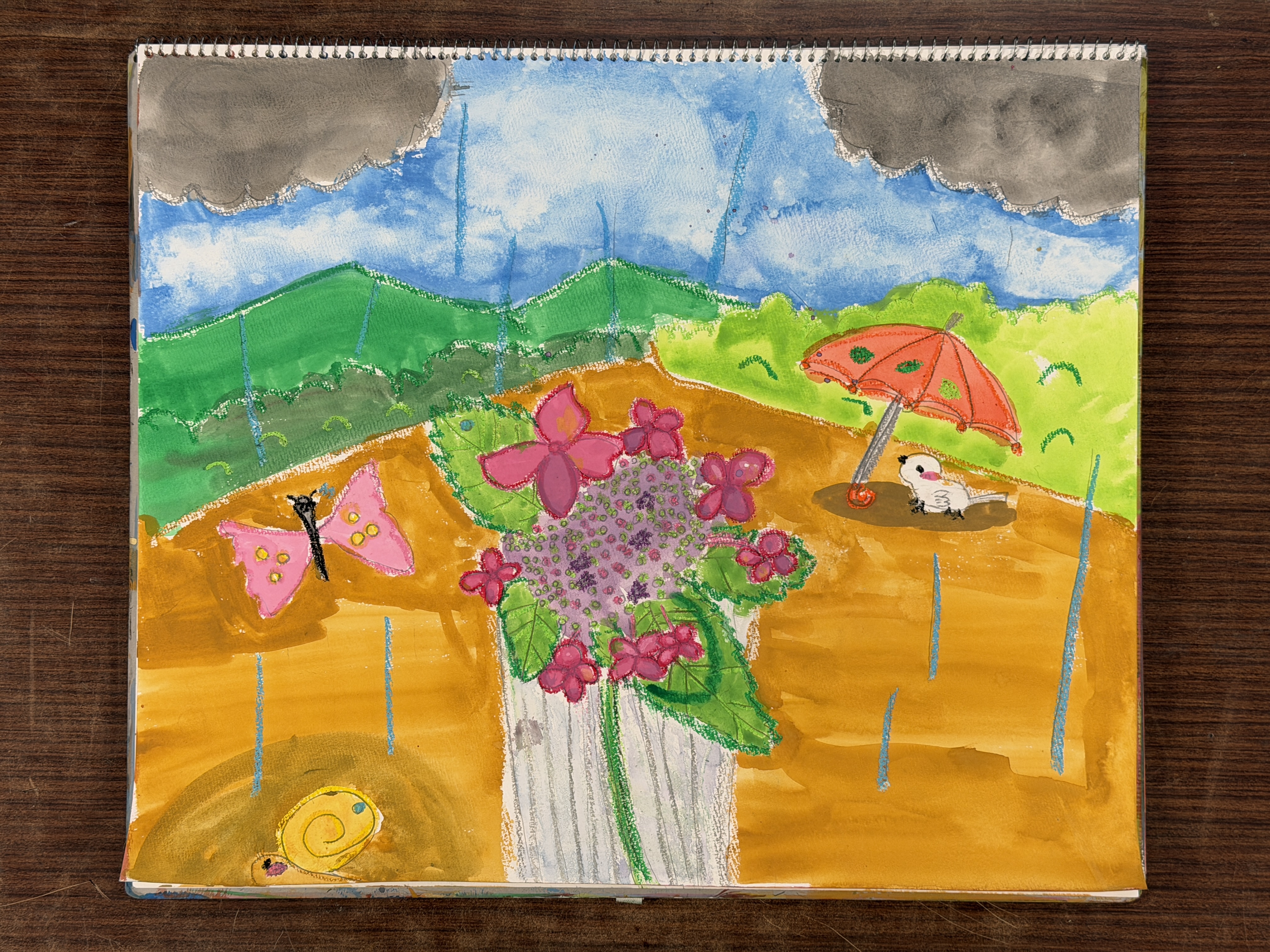 額アジサイを東儀画塾の子供アトリエ教室で水彩で描いた絵