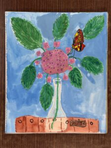 額アジサイを東儀画塾の子供アトリエ教室で水彩で描いた絵