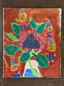 額アジサイを東儀画塾の子供アトリエ教室で水彩で描いた絵
