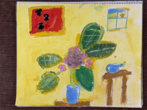 額アジサイを東儀画塾の子供アトリエ教室で水彩で描いた絵