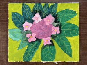 額アジサイを東儀画塾の子供アトリエ教室で水彩で描いた絵