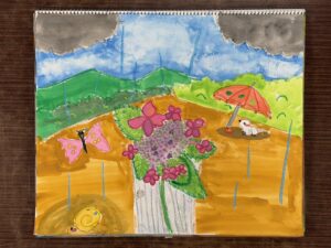 額アジサイを東儀画塾の子供アトリエ教室で水彩で描いた絵