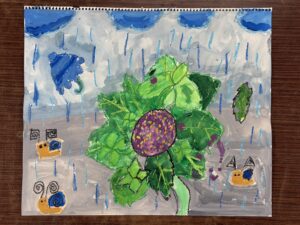 額アジサイを東儀画塾の子供アトリエ教室で水彩で描いた絵