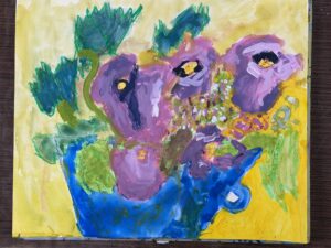 額アジサイを東儀画塾の子供アトリエ教室で水彩で描いた絵