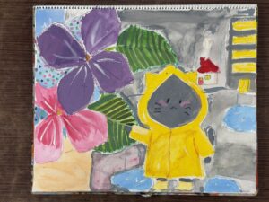 額アジサイを東儀画塾の子供アトリエ教室で水彩で描いた絵