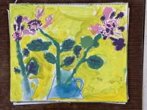 額アジサイを東儀画塾の子供アトリエ教室で水彩で描いた絵