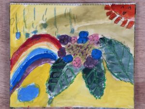 額アジサイを東儀画塾の子供アトリエ教室で水彩で描いた絵