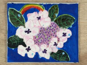 額アジサイを東儀画塾の子供アトリエ教室で水彩で描いた絵