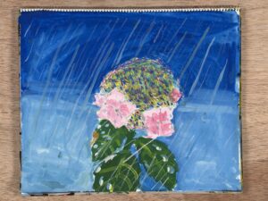 額アジサイを東儀画塾の子供アトリエ教室で水彩で描いた絵