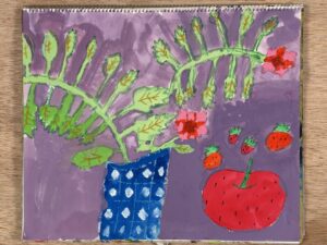額アジサイを東儀画塾の子供アトリエ教室で水彩で描いた絵
