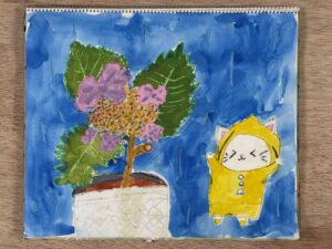 額アジサイを東儀画塾の子供アトリエ教室で水彩で描いた絵