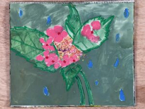 額アジサイを東儀画塾の子供アトリエ教室で水彩で描いた絵