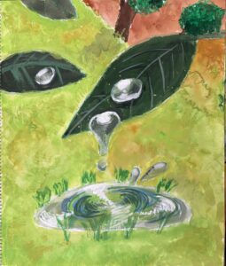 京都の絵画教室東儀画塾子供アトリエにて描かれた水をテーマにした作品葉っぱに滴る水滴が、水たまりに落ちる瞬間