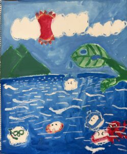 京都の絵画教室東儀画塾子供アトリエにて描かれた水をテーマにした作品 海に雫