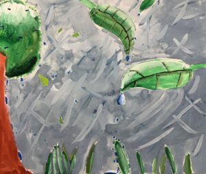 京都の絵画教室東儀画塾子供アトリエにて描かれた水をテーマにした作品 嵐の雨降り葉っぱの雫