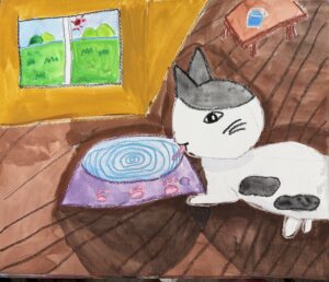 京都の絵画教室東儀画塾子供アトリエにて描かれた水をテーマにした作品 あついので猫が水をのんでいる
背景に人間用の水もある