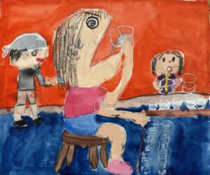 京都の絵画教室東儀画塾子供アトリエにて描かれた水をテーマにした作品 水をのんでは渡されている所