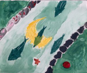 京都の絵画教室東儀画塾子供アトリエにて描かれた水をテーマにした作品
川の水面に三日月が写り魚が泳いでいる