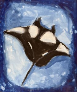 京都の絵画教室東儀画塾子供アトリエにて描かれた水をテーマにした作品
魚のエイの絵中央部分が明るく表現されている