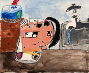 京都の絵画教室東儀画塾子供アトリエにて描かれた水をテーマにした作品
透明スチレンコップの屈折現象を参考に少女の目が大きく屈折している