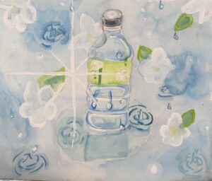 京都の絵画教室東儀画塾子供アトリエにて描かれた水をテーマにした作品葉っぱに滴る水滴が、水たまりに落ちる瞬間 ペットボトルの水の中に光が反射してキラキラしているところ