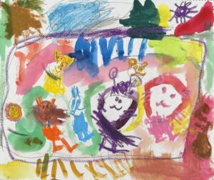 京都の絵画教室東儀画塾子供アトリエ作品テーマは鏡の世界鏡の中にいろいろ色とりどりに好きなものがえがかれてる