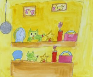 京都の絵画教室東儀画塾子供アトリエ作品テーマは鏡の世界　鏡に好きなオブジェが写っている様子