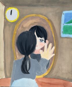 京都の絵画教室東儀画塾子供アトリエ作品テーマは鏡の世界 鏡をみている私