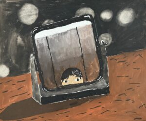 京都の絵画教室東儀画塾子供アトリエ作品テーマは鏡の世界　鏡の下からすこしだけ自分の顔が写っている様子を描いてくれました。