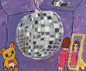 京都の絵画教室東儀画塾子供アトリエ作品テーマは鏡の世界　ミラーボールをよく観察して描いてくれました