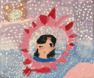 京都の絵画教室東儀画塾子供アトリエ作品テーマは鏡の世界　自分の姿が鏡に写る背景が幻想的にえがかれている