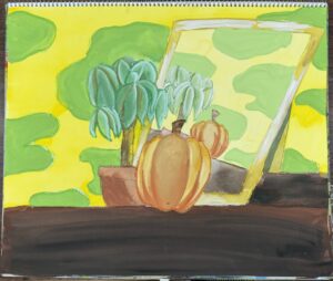 京都の絵画教室東儀画塾子供アトリエ作品テーマは鏡の世界　鏡に写る観葉植物とかぼちゃのオブジェ