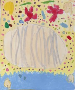京都伏見の絵画教室owl美術研究所の子供アトリエ教室で描かれた貝の絵真ん中に大きい貝周りにカラフルな小さい貝