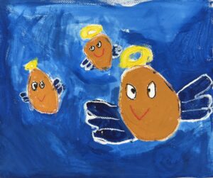 京都伏見の絵画教室owl美術研究所の子供アトリエ教室で描かれた貝の絵何故か羽が生えういている