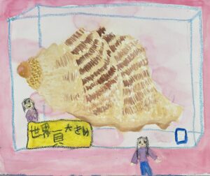 京都伏見の絵画教室owl美術研究所の子供アトリエ教室で描かれた貝の絵　世界一大きい貝の展示