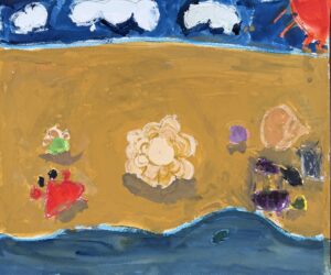 京都伏見の絵画教室owl美術研究所の子供アトリエ教室で描かれた貝の絵　かにさんもいます