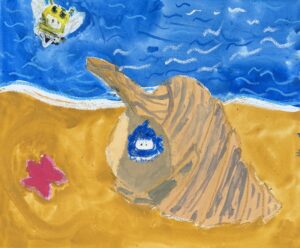 京都伏見の絵画教室owl美術研究所の子供アトリエ教室で描かれた貝の絵　大きな巻貝になにか住んでいる？