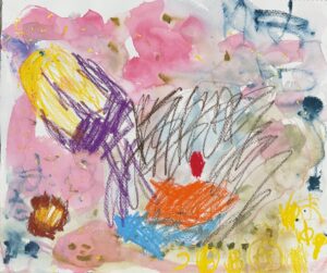 京都伏見の絵画教室owl美術研究所の子供アトリエ教室で描かれた貝の絵　大胆なタッチで描かれている