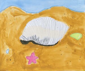 京都伏見の絵画教室owl美術研究所の子供アトリエ教室で描かれた貝の絵　大きな貝とちいさな貝３つ