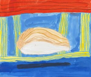 京都伏見の絵画教室owl美術研究所の子供アトリエ教室で描かれた貝の絵　なぜか浮いている貝