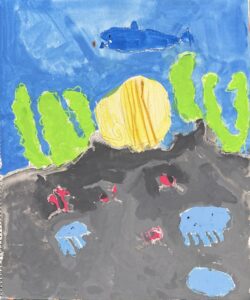 京都伏見の絵画教室owl美術研究所の子供アトリエ教室で描かれた貝の絵　海の中中央に貝