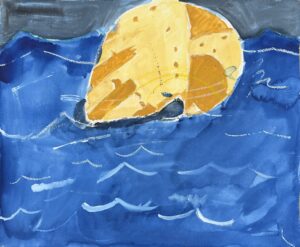 京都伏見の絵画教室owl美術研究所の子供アトリエ教室で描かれた貝の絵　海に浮かぶ貝