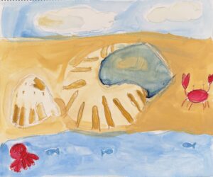京都伏見の絵画教室owl美術研究所の子供アトリエ教室で描かれた貝の絵　貝とたことカニもいるよ