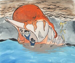 京都伏見の絵画教室owl美術研究所の子供アトリエ教室で描かれた貝の絵　大きな貝中に人がいて巨大蛸におそわれている