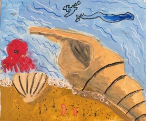 京都伏見の絵画教室owl美術研究所の子供アトリエ教室で描かれた貝の絵　たこと魚もいるよ