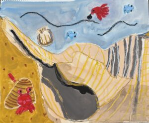 京都伏見の絵画教室owl美術研究所の子供アトリエ教室で描かれた貝の絵　大きな貝と赤い生き物