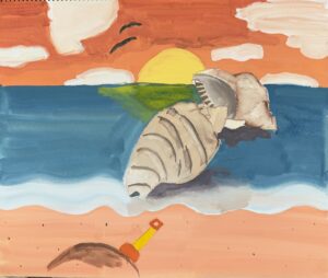 京都伏見の絵画教室owl美術研究所の子供アトリエ教室で描かれた貝の絵　夕暮れ時