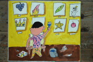絵画教室OWL美術研究所の願い事をテーマにした子供アトリエ作品
絵を描いている絵